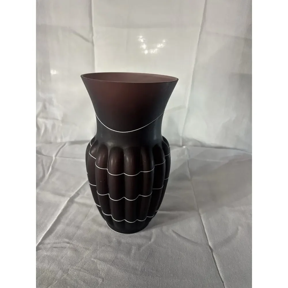 Vintage Amethyst Satin Art Glass Vase Frosted Plum Ribbed Flared White Swirl9.5”